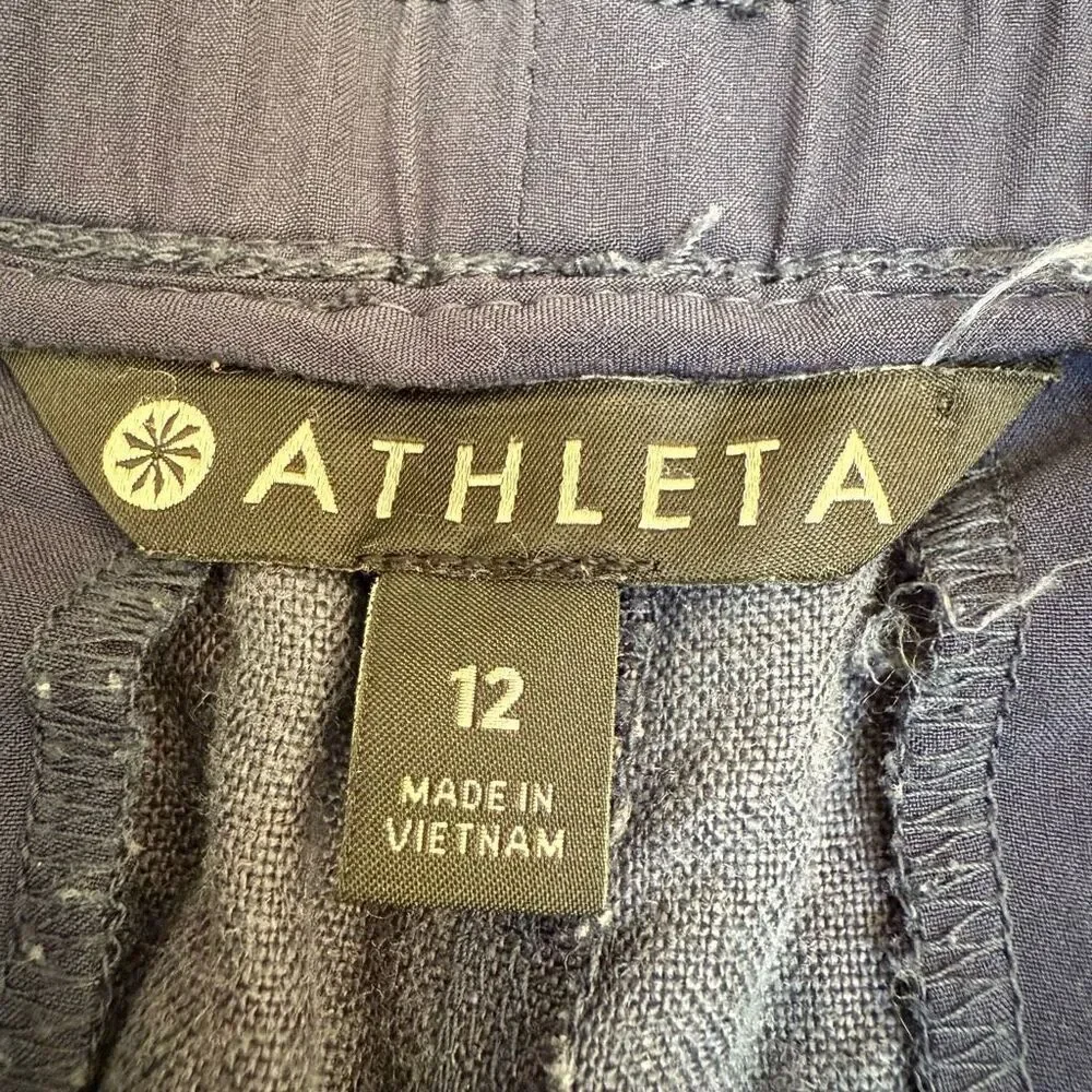 Athleta Athletic 100% Linen Shorts Womens Blue Camouflage Drawstring Waist Sz 12